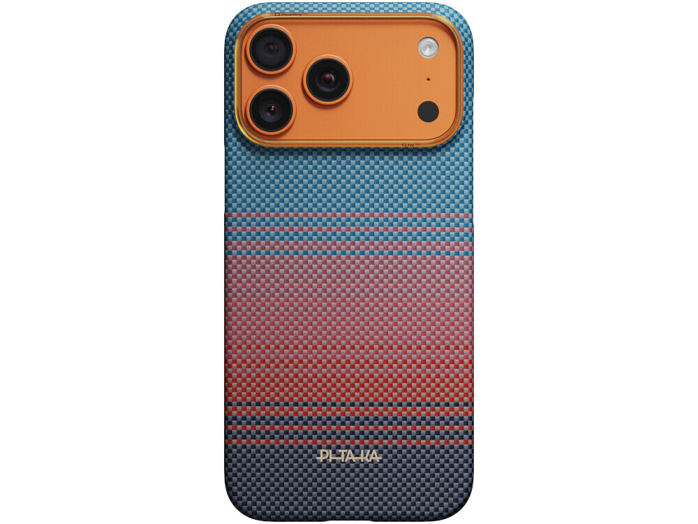 Etui na telefon z kolorowym wzorem w odcieniach niebieskiego i pomarańczowego, z trzema widocznymi obiektywami aparatu. Na dole widoczny jest napis \'PITAKA\'.