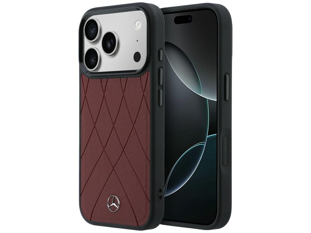 Etui na telefon z czerwonej skóry z krzyżującymi się liniami, posiada logo w dolnej części. Obok widoczny jest telefon z wyświetlaczem.