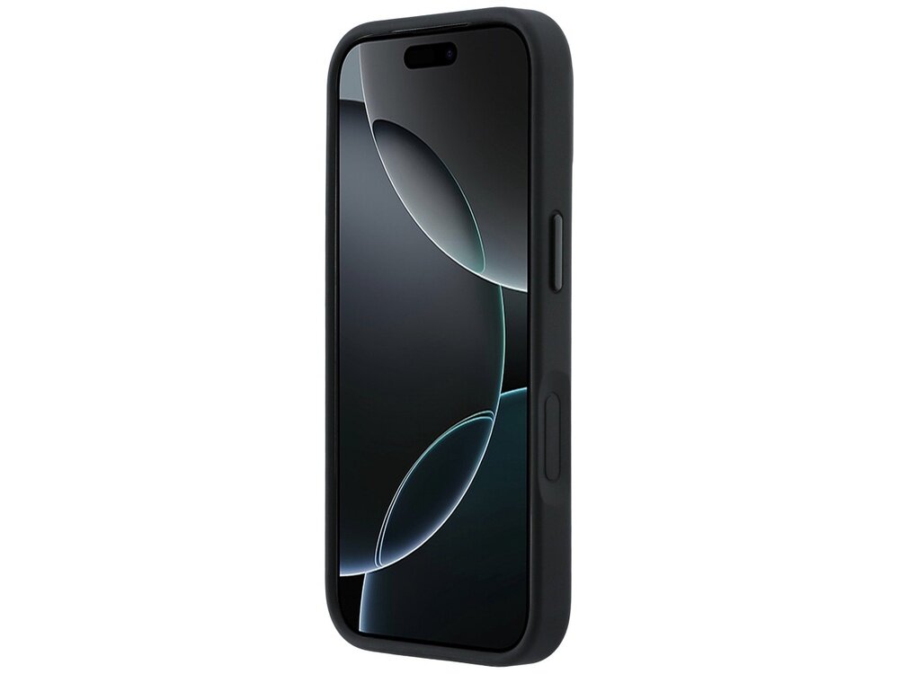 Czarny telefon w etui z widocznymi przyciskami bocznymi. Ekran telefonu wyświetla abstrakcyjny wzór z ciemnymi i jasnymi okręgami.