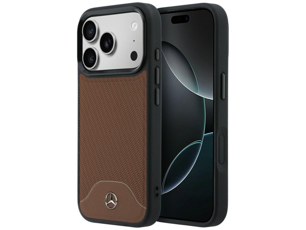Etui na telefon w kolorze brązowym z teksturą przypominającą drewno, z widocznym logo producenta. Obok etui znajduje się telefon z wyświetlaczem pokazującym abstrakcyjny wzór.