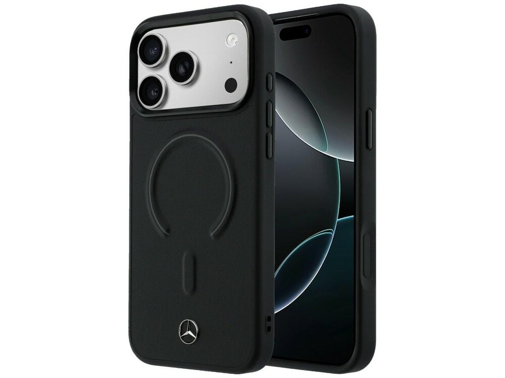 Czarne etui na telefon z logo Mercedes, posiada wycięcia na aparat i przyciski. Na etui widoczny jest okrągły wzór sugerujący kompatybilność z MagSafe.