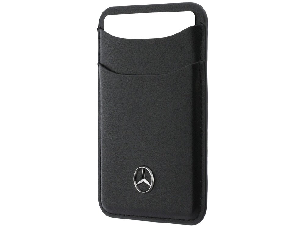 Czarne etui wykonane z materiału przypominającego skórę, z widocznym logo Mercedes w dolnej części. Etui ma prostokątny kształt z otworem na górze.