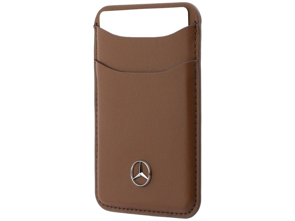 Brązowe etui wykonane z materiału przypominającego skórę, z widocznym logo Mercedes na dole. Etui ma prostokątny kształt z otworem na górze.