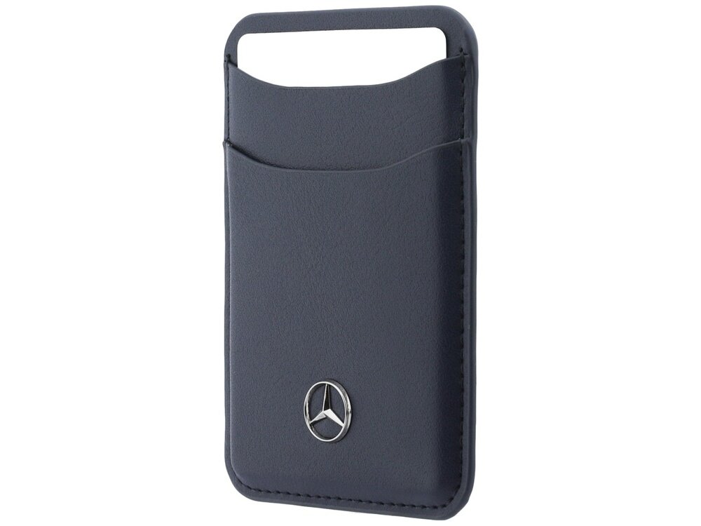 Granatowe etui z logo Mercedes, wykonane z materiału przypominającego skórę, z kieszenią na karty.
