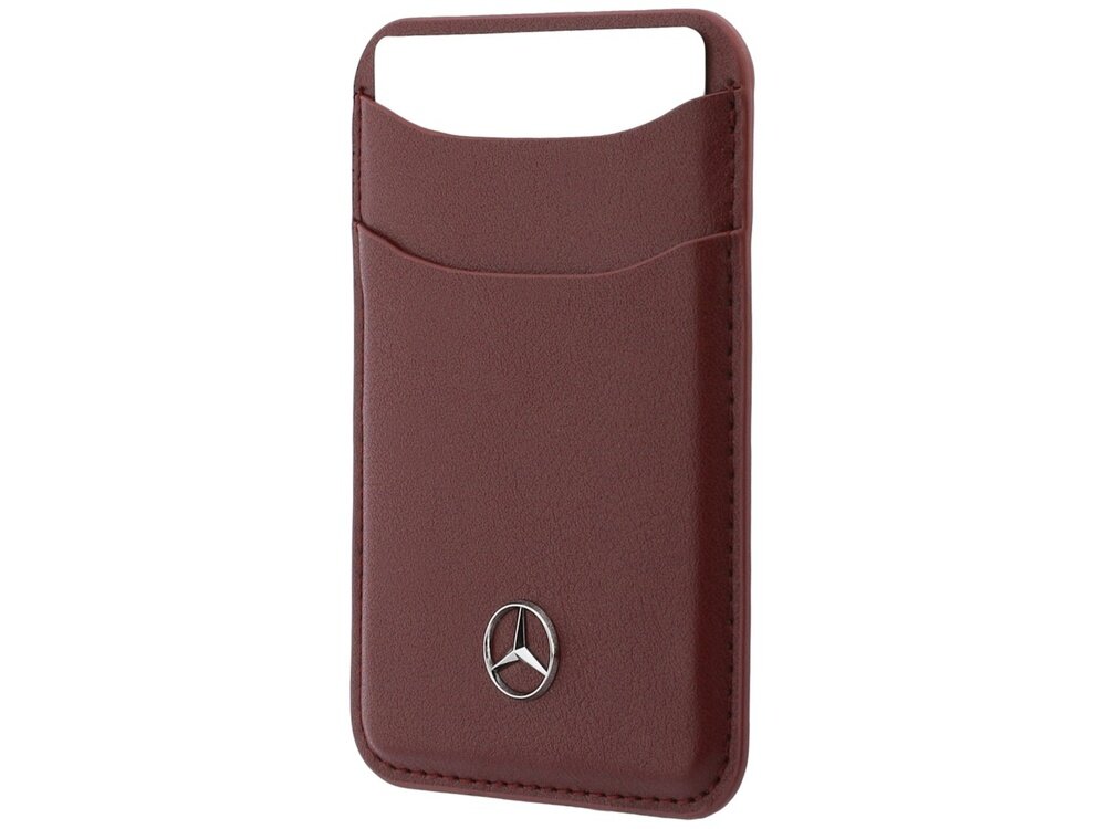 Czerwone etui z logo Mercedes, wykonane z materiału przypominającego skórę, posiada kieszonkę na karty.