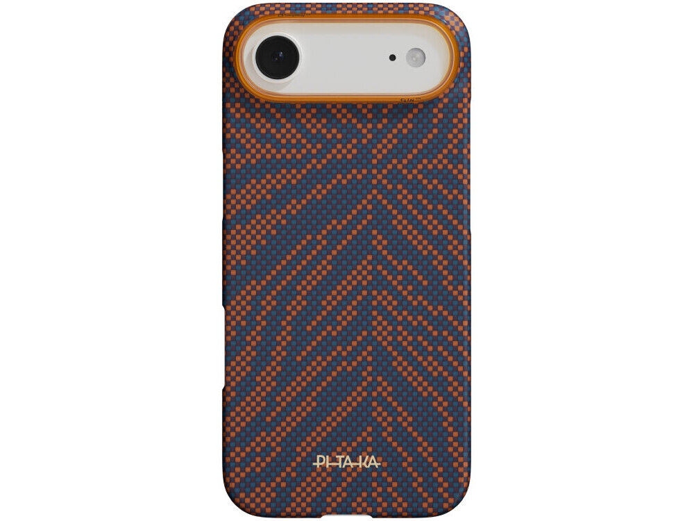 Etui na telefon z wzorem w pomarańczowe i niebieskie kropki, z widocznym logo \'PITAKA\'.