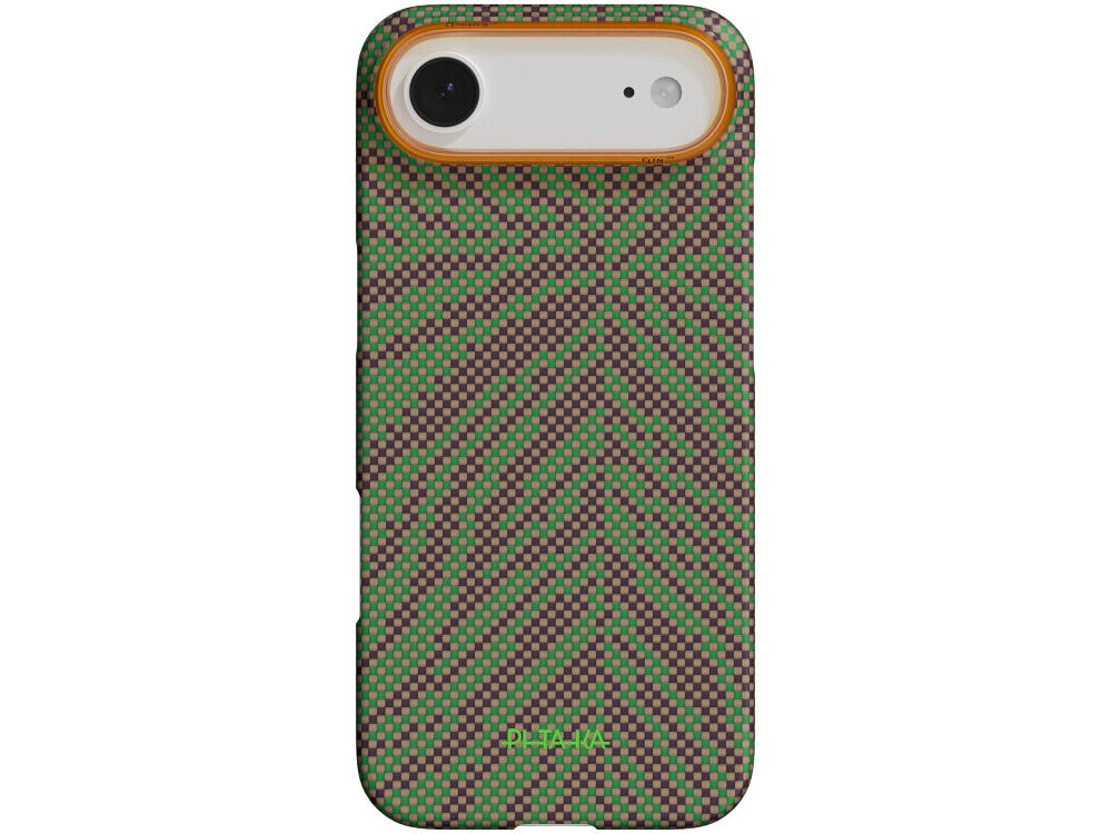 Etui na telefon z wzorem w zielono-brązowe linie tworzące geometryczny wzór. Na dole widoczny jest napis \'PITAKA\'.