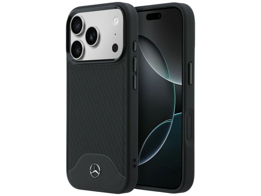 Czarne etui na telefon z logo Mercedes na dole, z trzema widocznymi obiektywami aparatu. Telefon w etui ma wyświetlacz z ciemnym motywem graficznym.