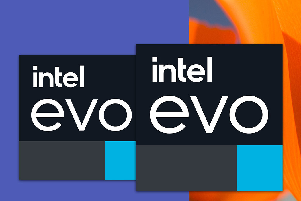 Dwa logo z napisem \'intel evo\' na ciemnym tle, z niebieskim i szarym prostokątem na dole. Tło jest w kolorze fioletowym i pomarańczowym.