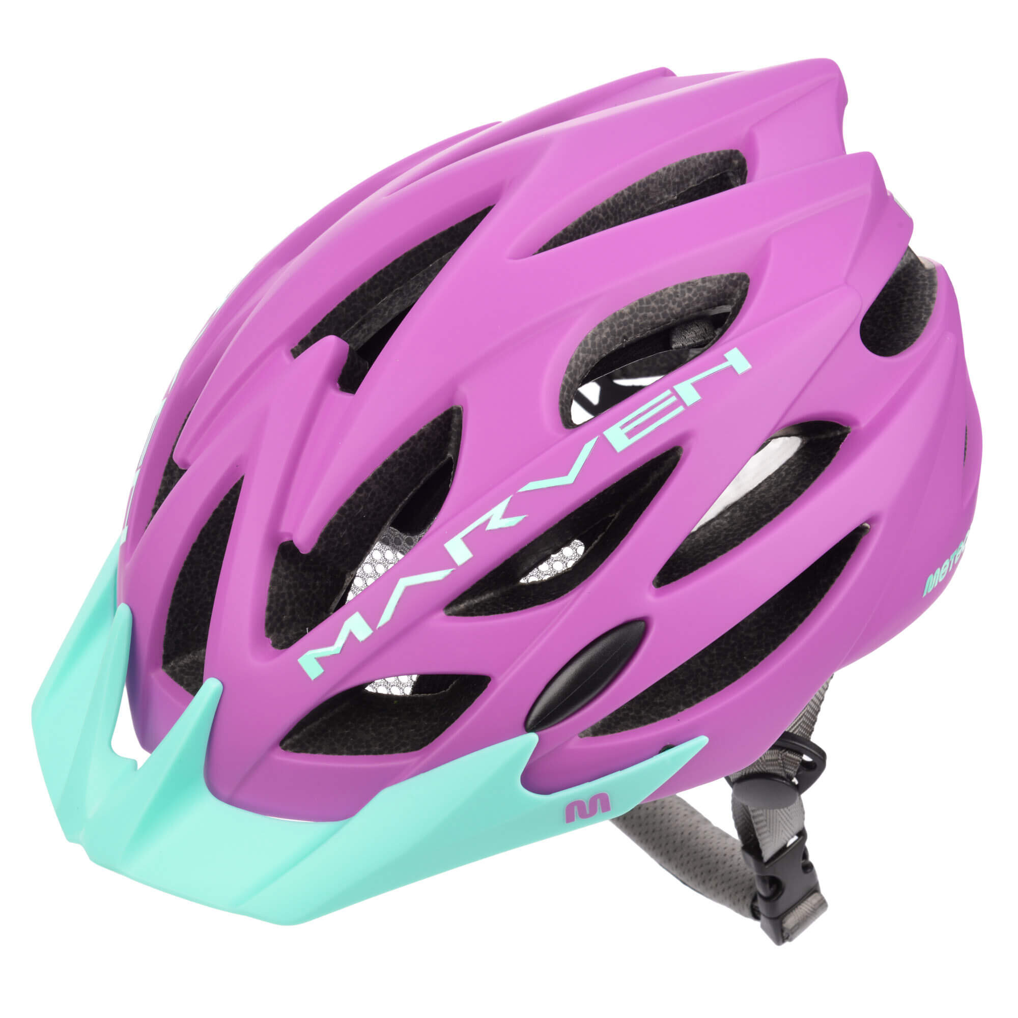 Kask rowerowy w kolorze fioletowym z miętowym daszkiem, posiada liczne otwory wentylacyjne. Na kasku widoczny jest napis \'MARVEN\'.