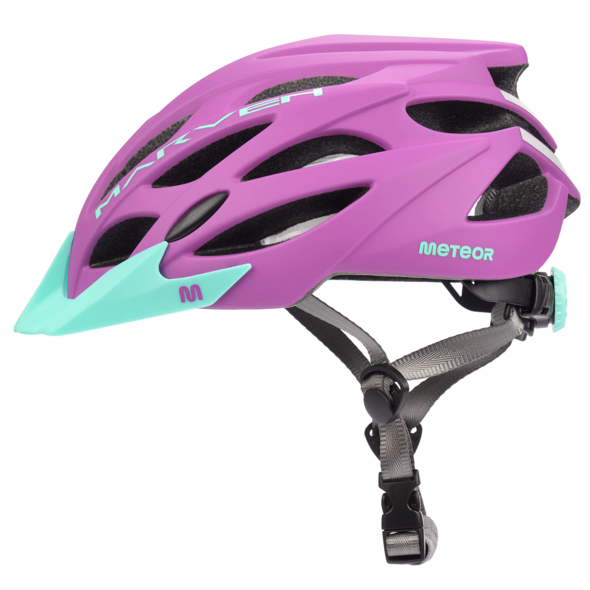 Fioletowy kask rowerowy z miętowym daszkiem i napisem \'METEOR\' oraz \'MARVEN\'. Kask posiada otwory wentylacyjne i regulowane paski.