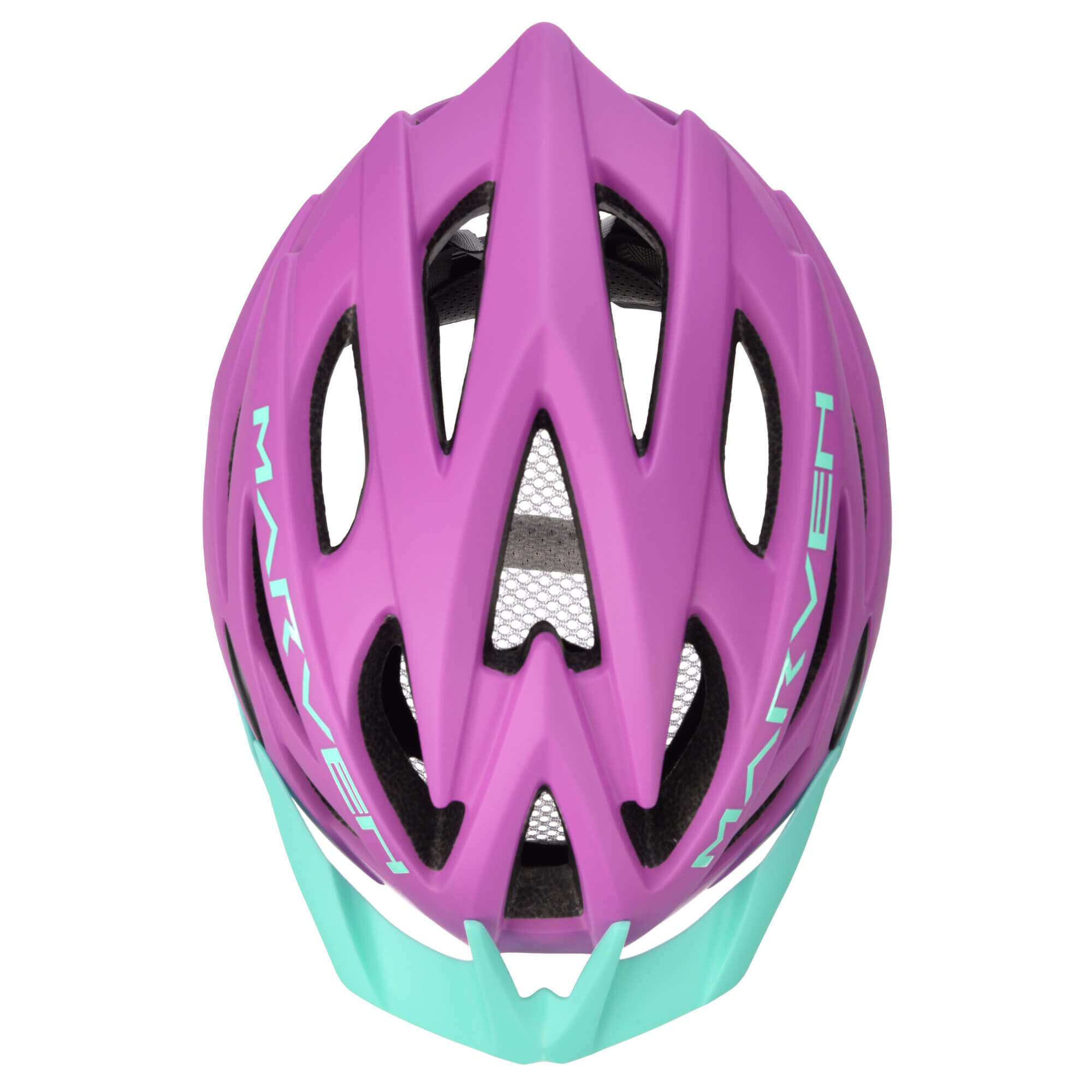 Kask rowerowy w kolorze fioletowym z turkusowym daszkiem, posiada otwory wentylacyjne i siatkę. Na kasku widoczny jest napis \'MARVEN\'.