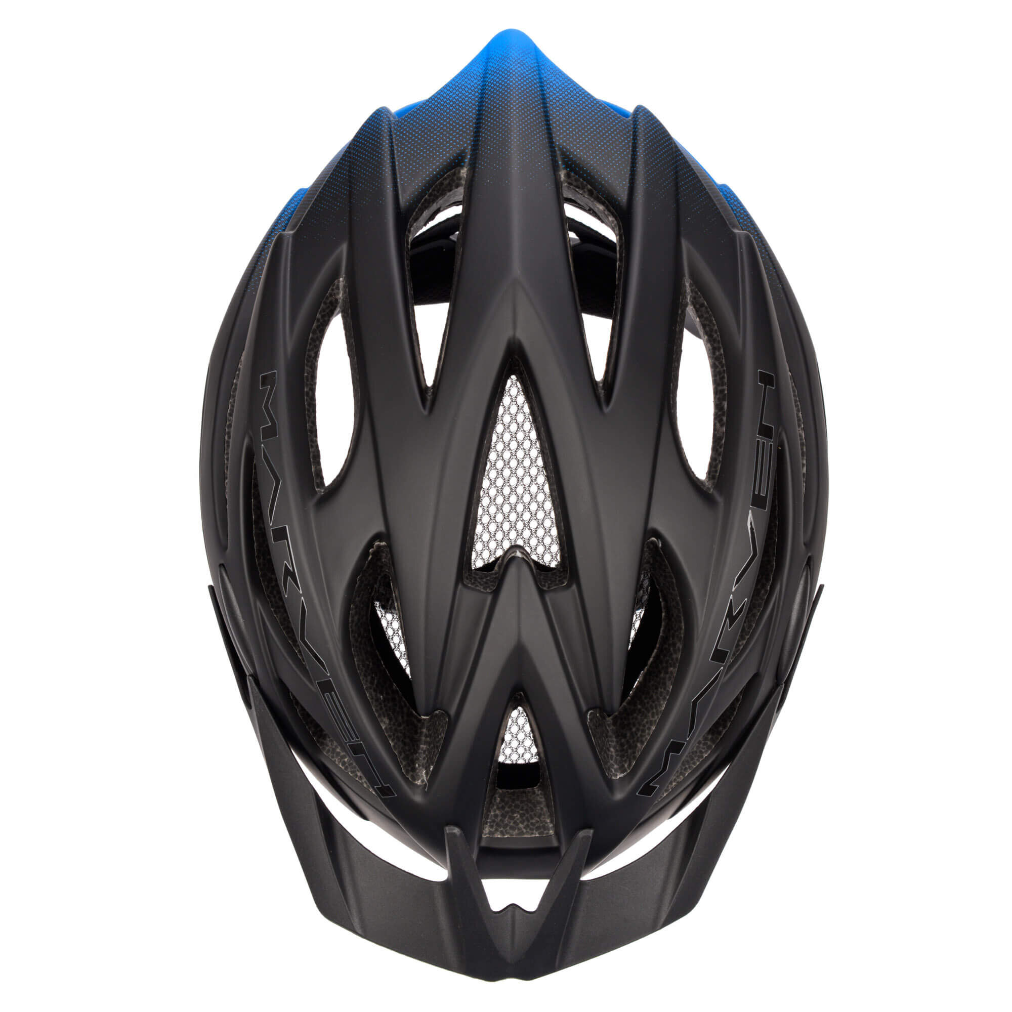 Czarny kask rowerowy z widocznymi otworami wentylacyjnymi i siatką ochronną. Na kasku znajduje się napis \'MARVEN\'.