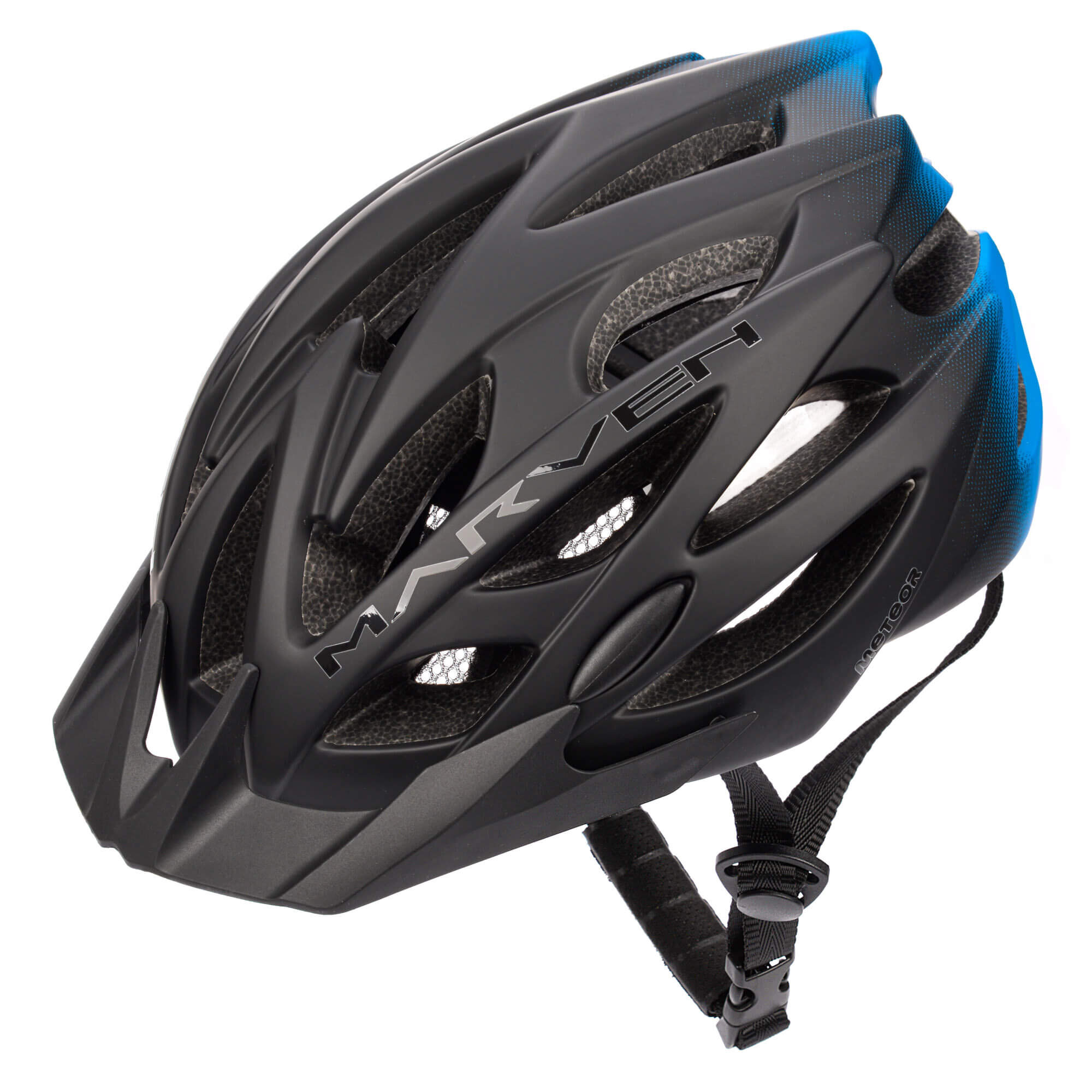 Czarny kask rowerowy z licznymi otworami wentylacyjnymi i napisem \'MARVEN\' na boku. Posiada regulowany pasek pod brodą.