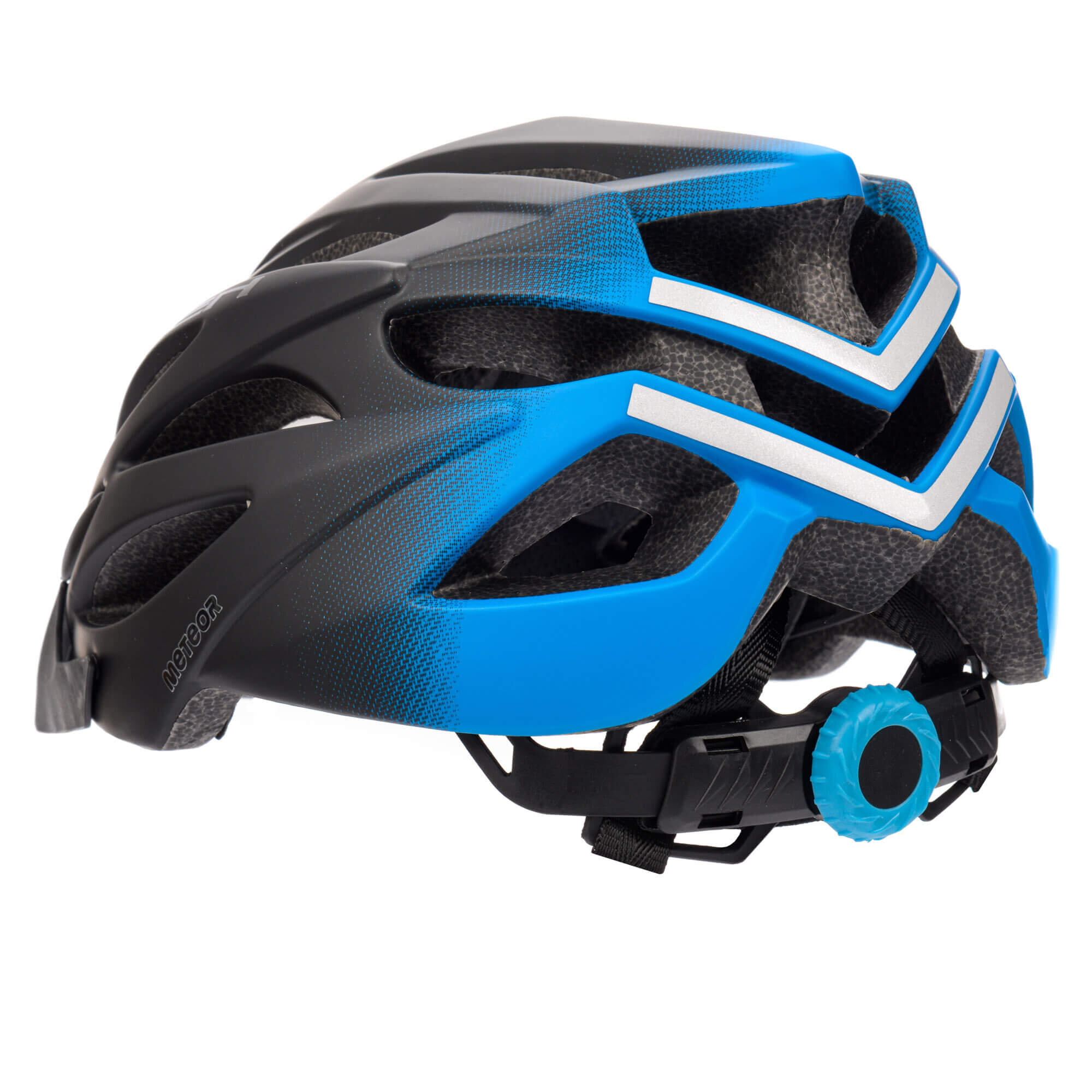 Kask rowerowy w kolorze czarno-niebieskim z otworami wentylacyjnymi i regulacją z tyłu. Na boku widoczny jest napis \'Meteor\'.
