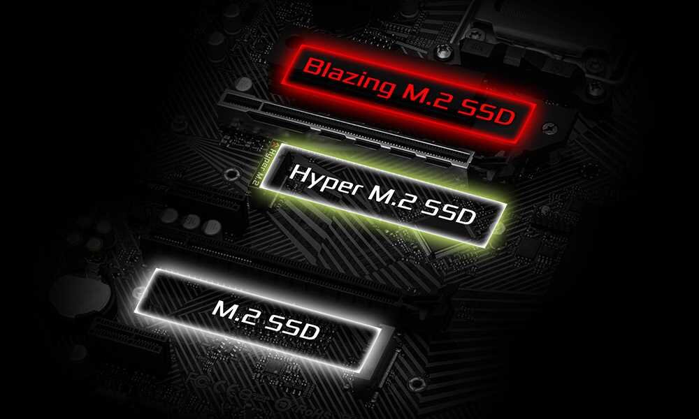Obraz przedstawia trzy sloty M.2 SSD na płycie głównej, oznaczone jako \'Blazing M.2 SSD\', \'Hyper M.2 SSD\' i \'M.2 SSD\'. Każdy slot jest podświetlony innym kolorem: czerwonym, zielonym i białym.