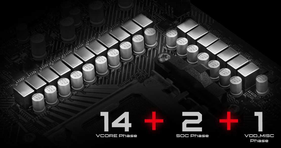 Obraz przedstawia fragment płyty głównej z widocznymi elementami elektronicznymi. Na dole znajduje się tekst: \'14 VCORE Phase + 2 SOC Phase + 1 VDD_MISC Phase\'.