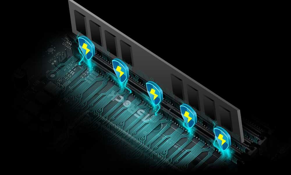 Obraz przedstawia fragment płyty głównej z widocznymi elementami elektronicznymi i dużym radiatorem. Na płycie znajdują się niebieskie ikony z symbolem błyskawicy.