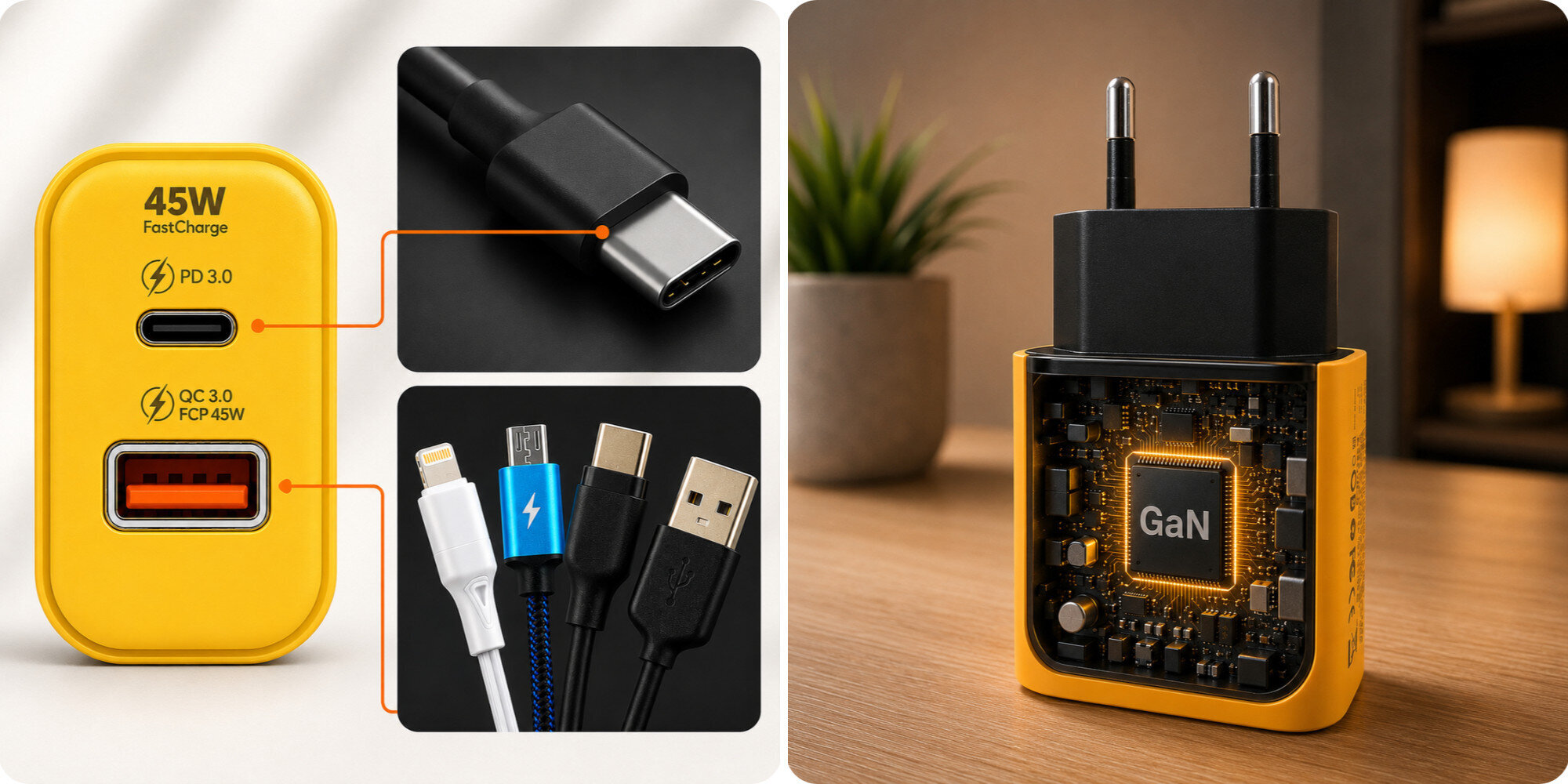 Obraz przedstawia żółtą ładowarkę z dwoma portami: USB-C oznaczonym jako PD 3.0 i USB oznaczonym jako QC 3.0 FCP 45W. Obok widoczne są różne kable oraz zbliżenie na wnętrze ładowarki z oznaczeniem \'GaN\'.