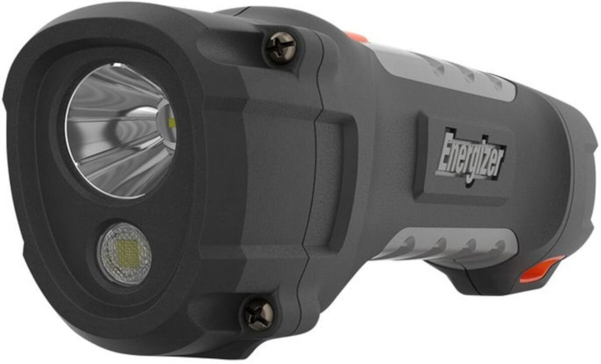 Latarka ENERGIZER HardCase Profesional 638532, diody, led, lumeny, tryby, na białym tle zbliżenie na latarkę od frontu prawo skos