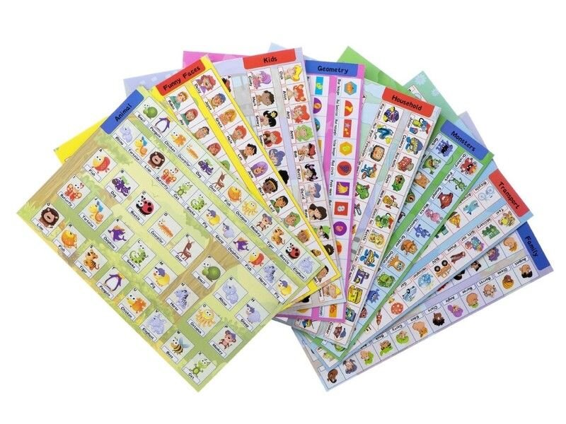 Na obrazie widocznych jest osiem plansz z różnymi kategoriami, takimi jak \'Animals\', \'Funny Faces\', \'Kids\', \'Geometry\', \'Household\', \'Monsters\', \'Transport\' i \'Family\'. Każda plansza zawiera rzędy małych obrazków z podpisami.