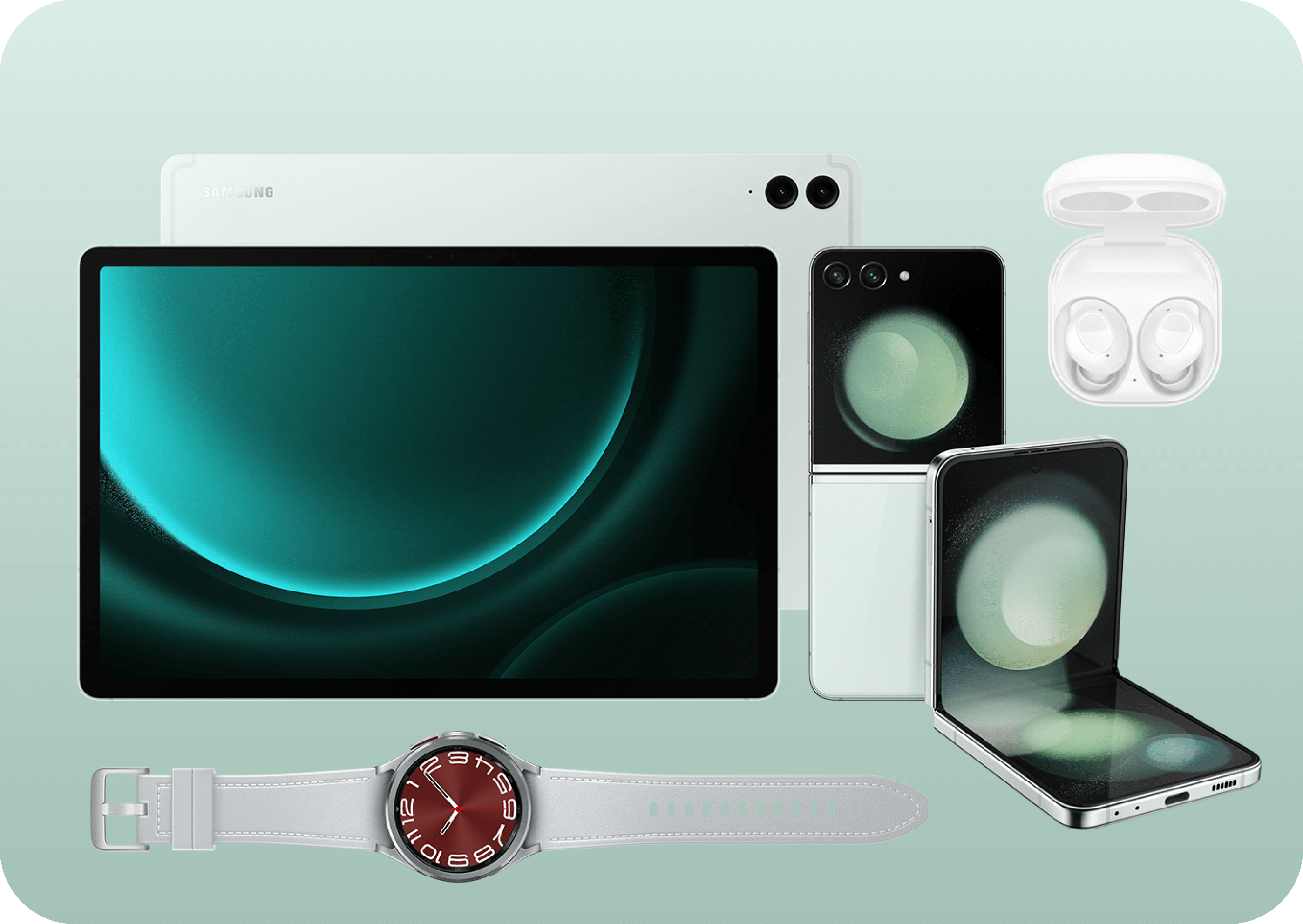 Na obrazie widoczne są różne urządzenia elektroniczne: tablet, składany smartfon, zegarek i słuchawki dokanałowe w etui. Wszystkie produkty mają nowoczesny design i są w jasnych kolorach, a na tablecie i smartfonie widoczny jest abstrakcyjny motyw graficzny.