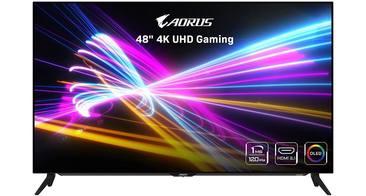 Monitor z logo \'AORUS\' i napisem \'48\