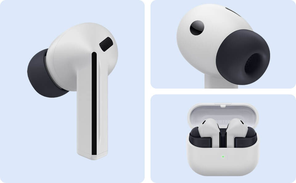 Pojedyncza słuchawka douszna Galaxy Buds3 FE w kolorze szarym. Zbliżenie na słuchawkę douszną Galaxy Buds3 FE, skupiające się na jej główce. Galaxy Buds3 FE w otwartym etui ładującym. Na obrazie widoczne są trzy ujęcia słuchawek dokanałowych w kolorze białym z czarnymi elementami. Słuchawki znajdują się w otwartym etui ładującym, które również jest białe.