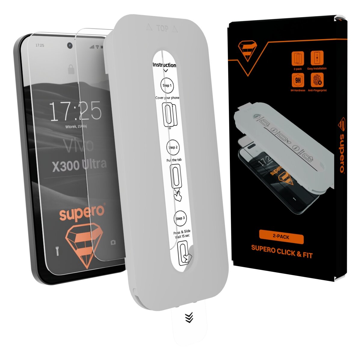 Obraz przedstawia szkło hartowane do Vivo X300 Ultra z aplikatorem oraz opakowanie z napisem \'2-PACK SUPERÓ CLICK & FIT\'. Na ekranie telefonu widoczny jest tekst \'17:25 Wtorek, 15:08 Vivo X300 Ultra supero\'.