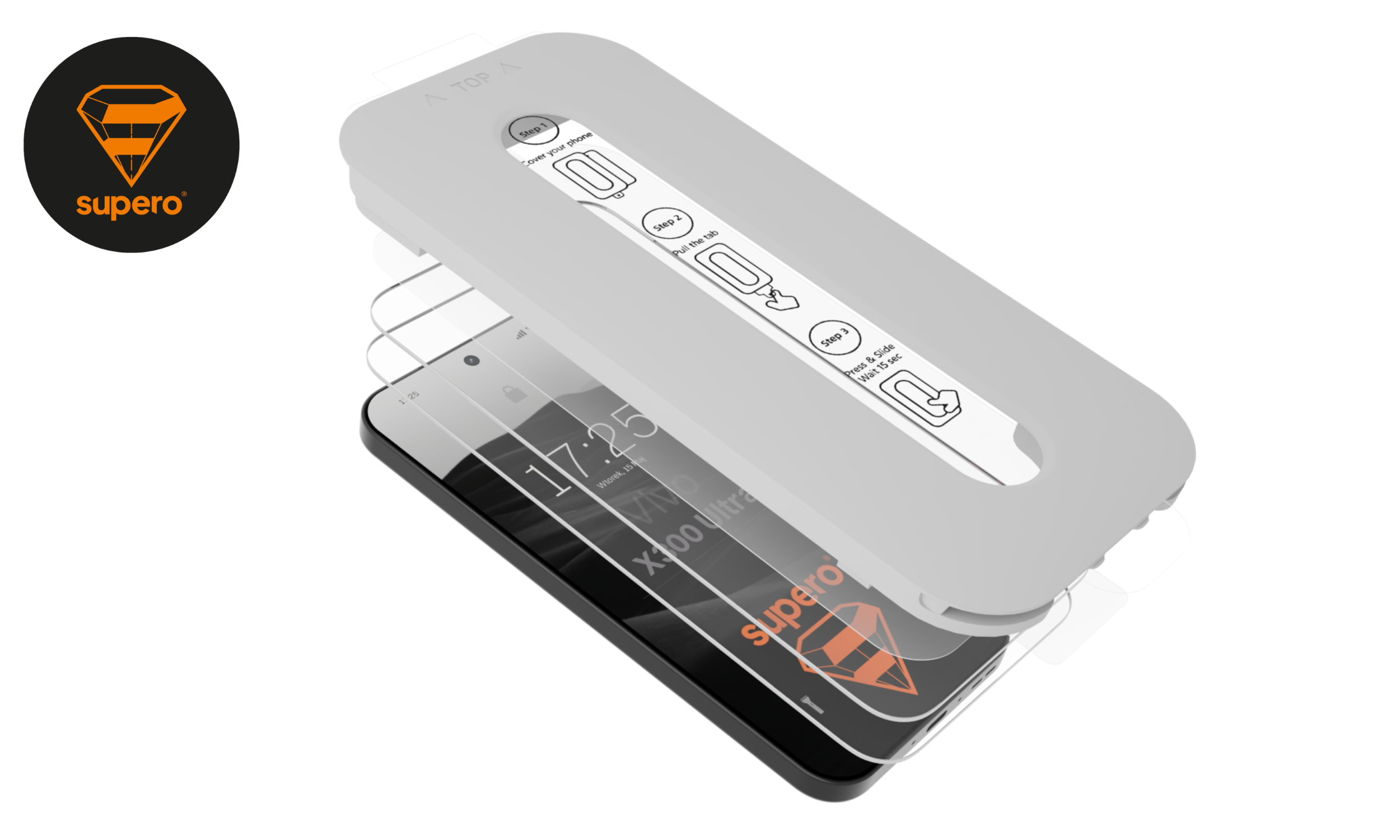 Obraz przedstawia zestaw do aplikacji szkła hartowanego na smartfon, z widocznym aplikatorem i dwoma warstwami szkła. Logo \'supero\' znajduje się w lewym górnym rogu obrazu.