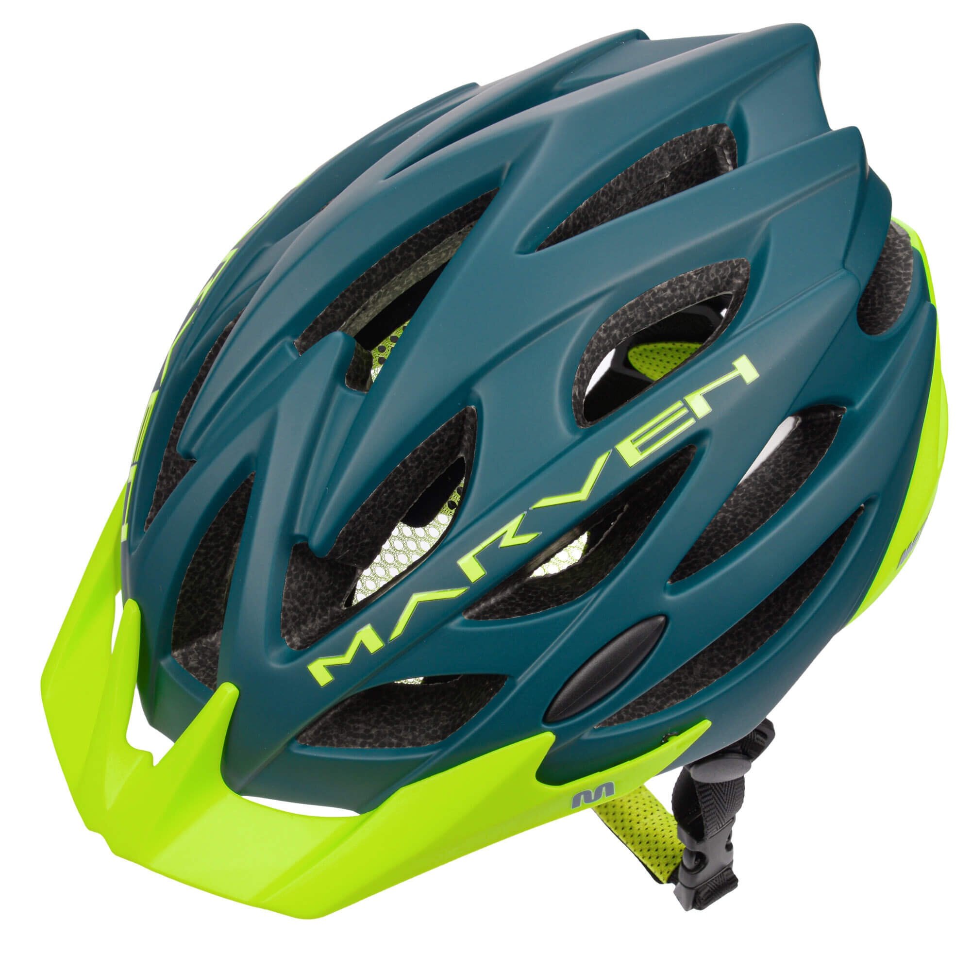 Kask rowerowy w kolorze ciemnozielonym z żółtymi elementami i napisem \'MARVEN\'. Posiada otwory wentylacyjne i siatkę ochronną.