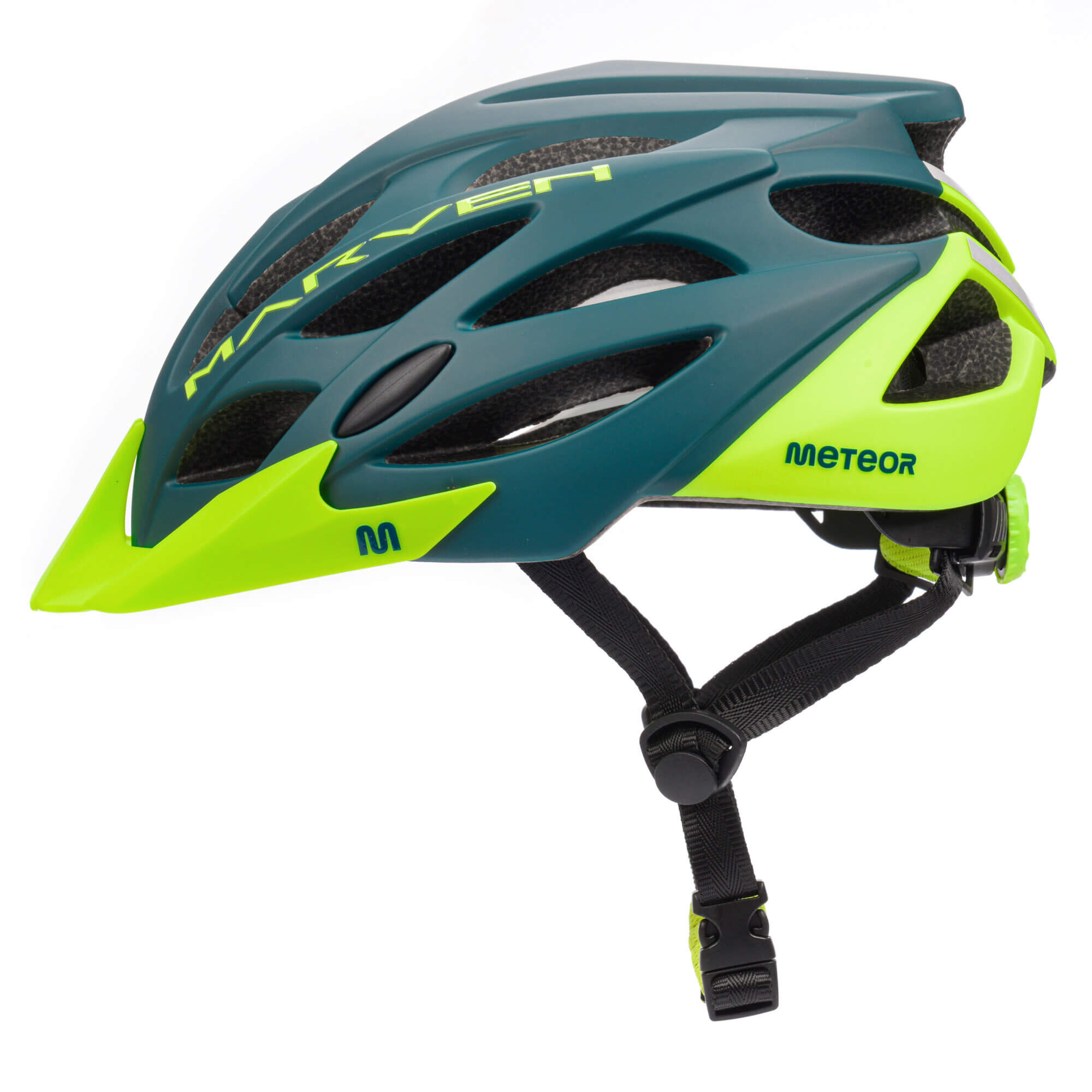 Kask rowerowy w kolorze zielonym i niebieskim z widocznymi otworami wentylacyjnymi oraz siatką. Na kasku znajdują się napisy \'MARVEN\' i \'METEOR\'.