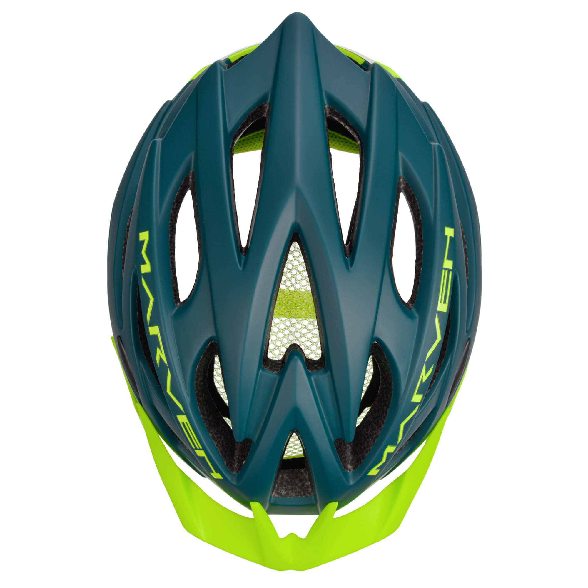 Kask rowerowy w kolorze ciemnozielonym z żółtymi akcentami i napisem \'MARVEN\'. Posiada otwory wentylacyjne i siatkę wewnętrzną.
