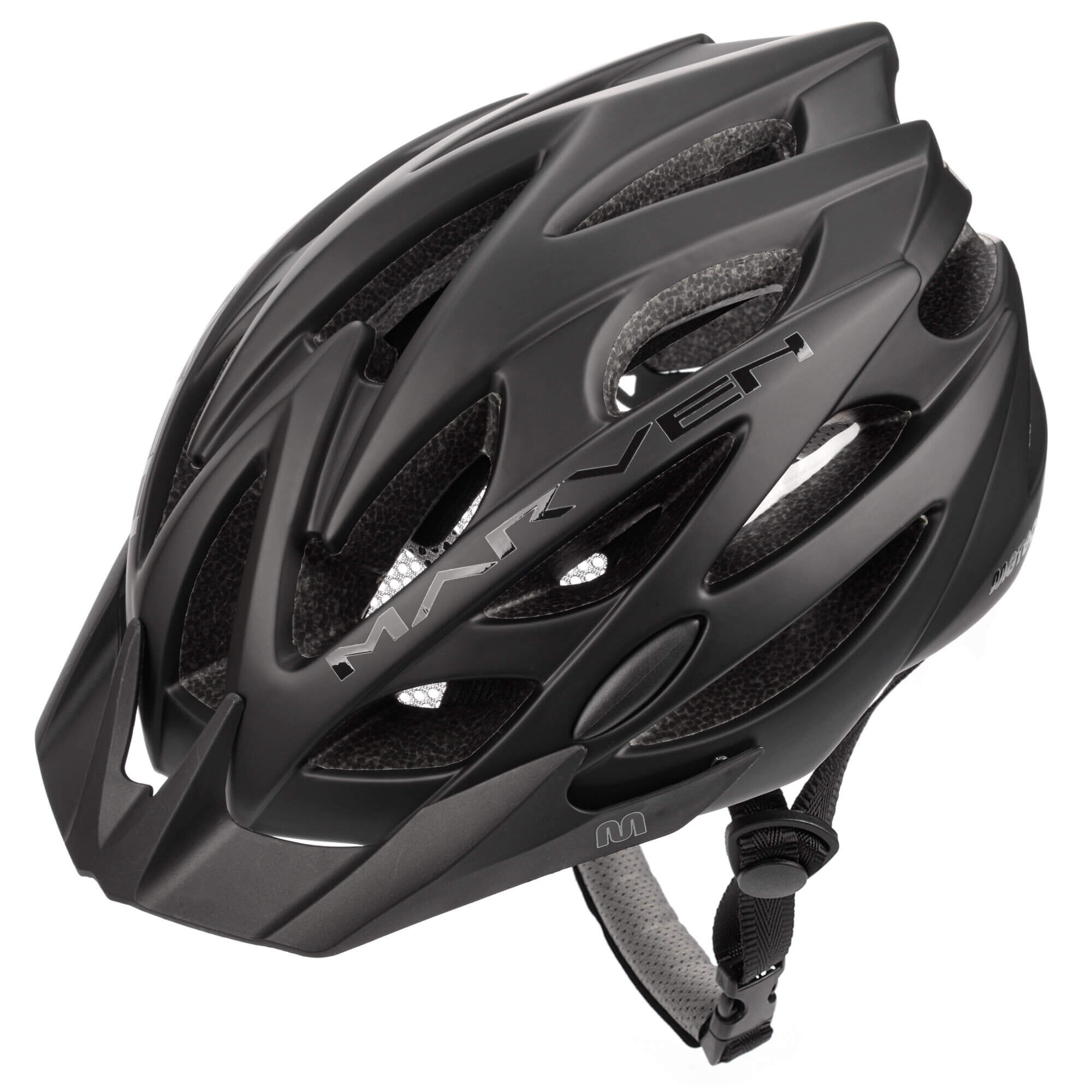 Czarny kask rowerowy z licznymi otworami wentylacyjnymi i napisem \'MARVEN\' na boku. Posiada regulowany pasek pod brodą.