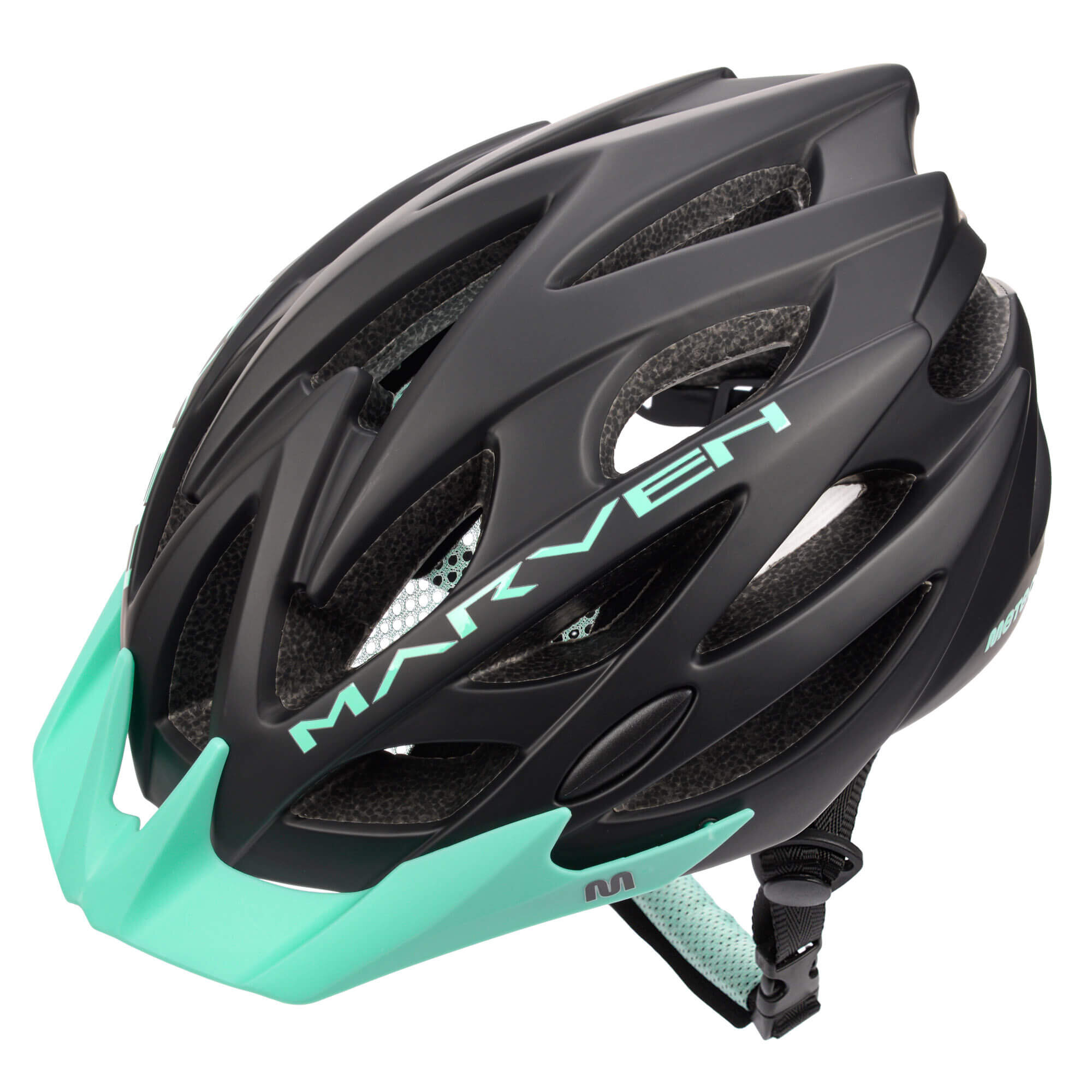 Czarny kask rowerowy z miętowym daszkiem i napisem \'MARVEN\' na boku. Kask posiada otwory wentylacyjne i siatkę ochronną.