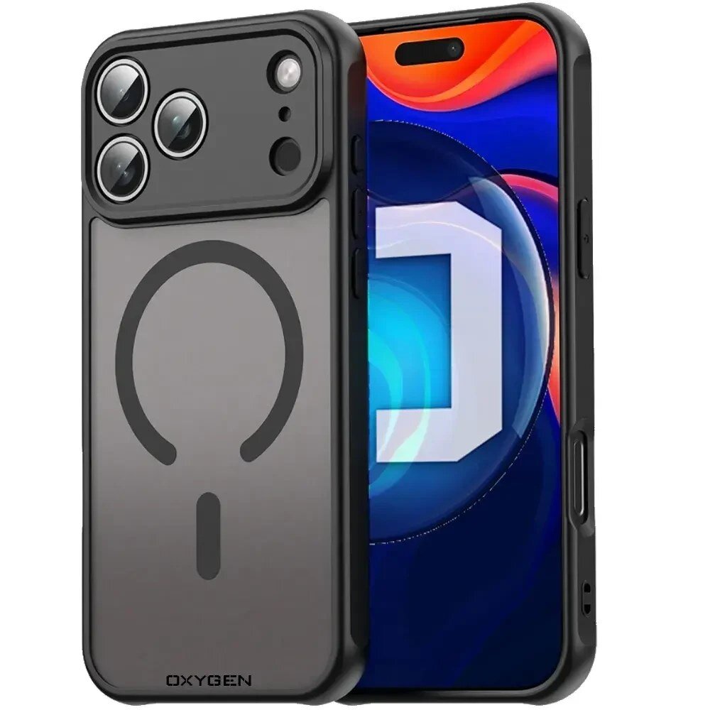 Etui na telefon z trzema dużymi otworami na aparaty i napisem \'OXYGEN\' na dole. Widoczny jest również telefon z kolorowym ekranem.