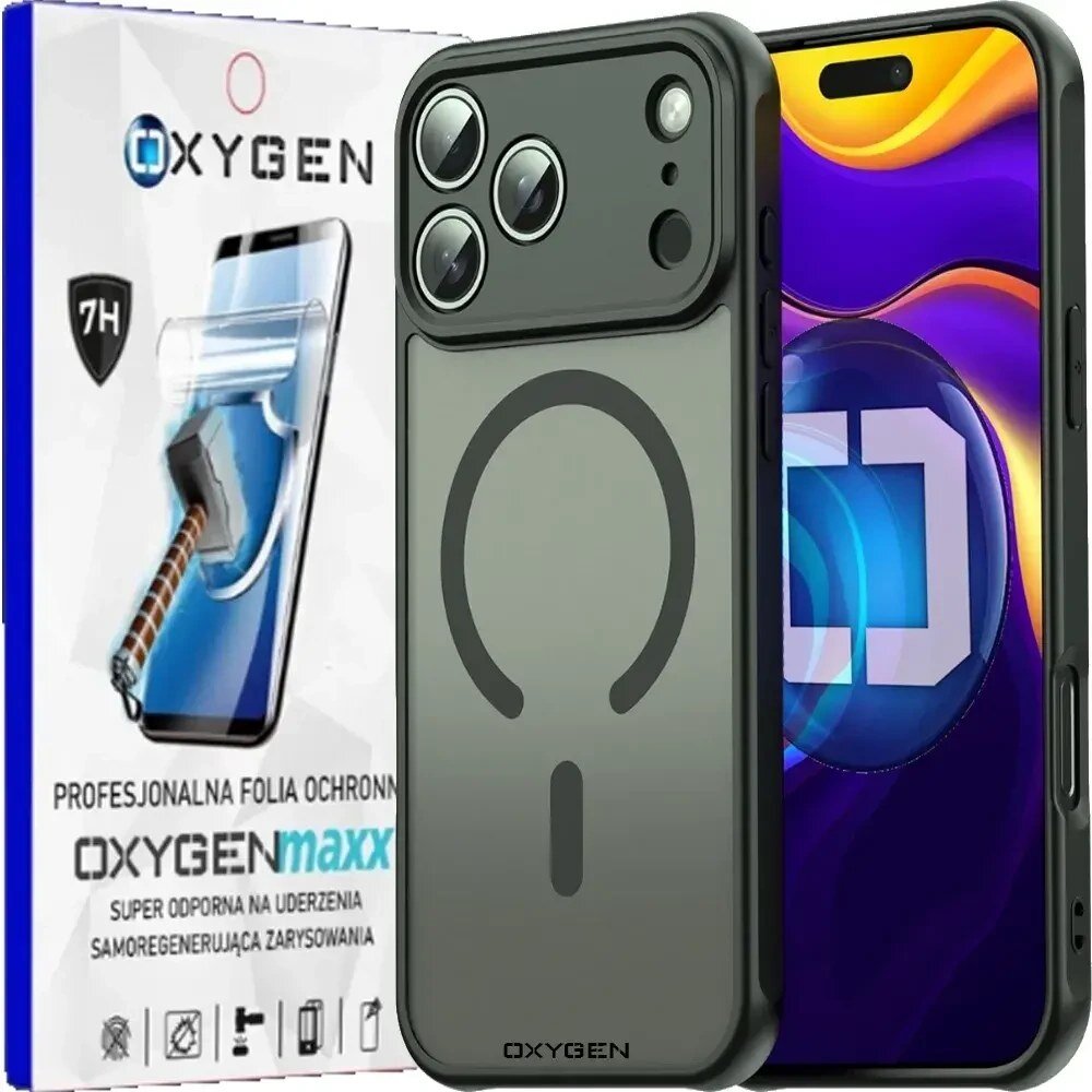 Na obrazie widoczne jest etui na telefon z trzema dużymi otworami na aparaty oraz opakowanie z napisem \'OXYGENmaxx\'. Obok znajduje się telefon z kolorowym ekranem.