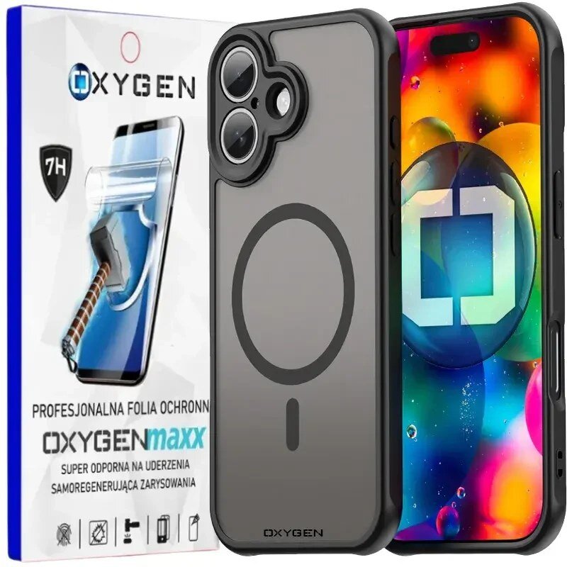 Na obrazie widoczne jest etui na telefon z okrągłym wzorem, obok którego znajduje się kolorowy ekran telefonu. Po lewej stronie znajduje się opakowanie z napisem \'OXYGENmaxx\' oraz grafiką młotka uderzającego w ekran.