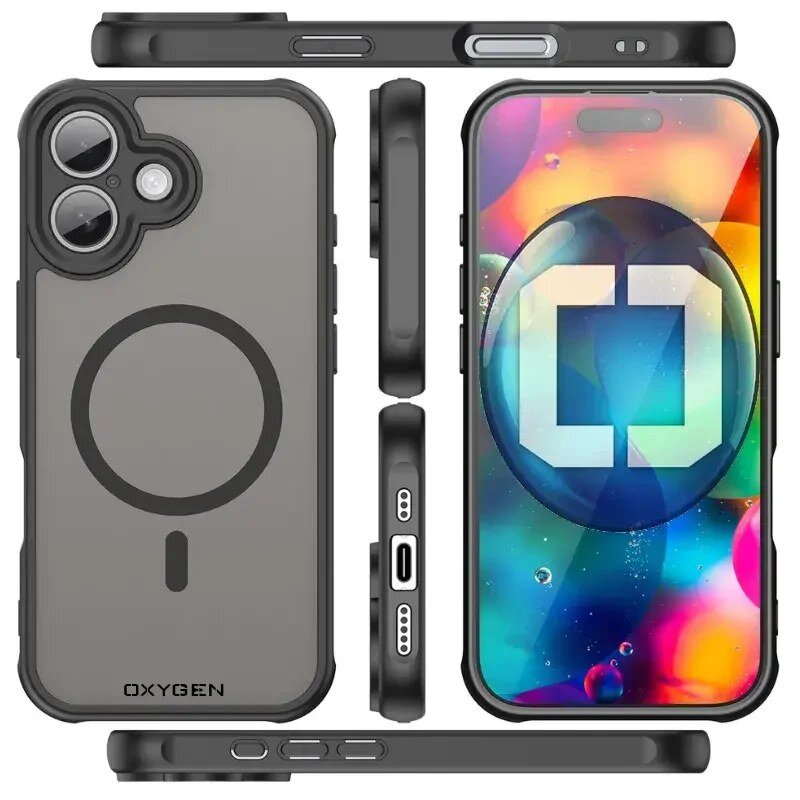 Obraz przedstawia etui na telefon z napisem \'OXYGEN\' oraz okrągłym wzorem na tylnej części. Widoczny jest również telefon z kolorowym ekranem i dużym symbolem w kształcie litery C.