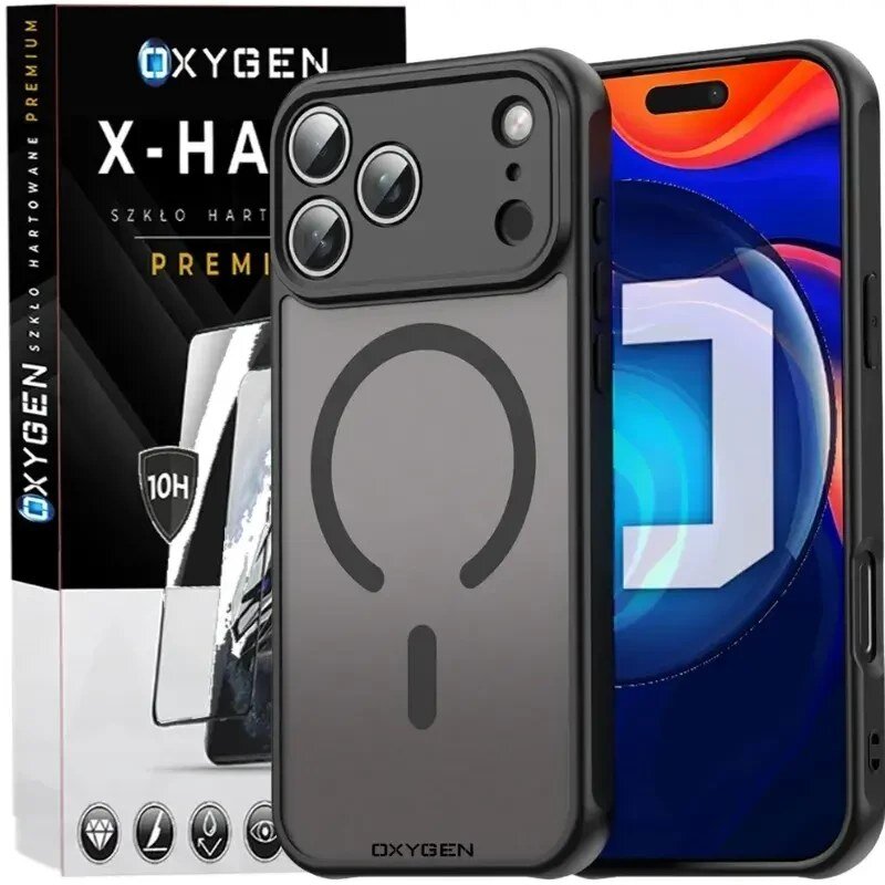 Na obrazie widoczne jest etui na telefon z trzema aparatami oraz opakowanie z napisem \'OXYGEN X-HARD SZKŁO HARTOWANE PREMIUM\'. Etui ma okrągły wzór sugerujący kompatybilność z MagSafe.