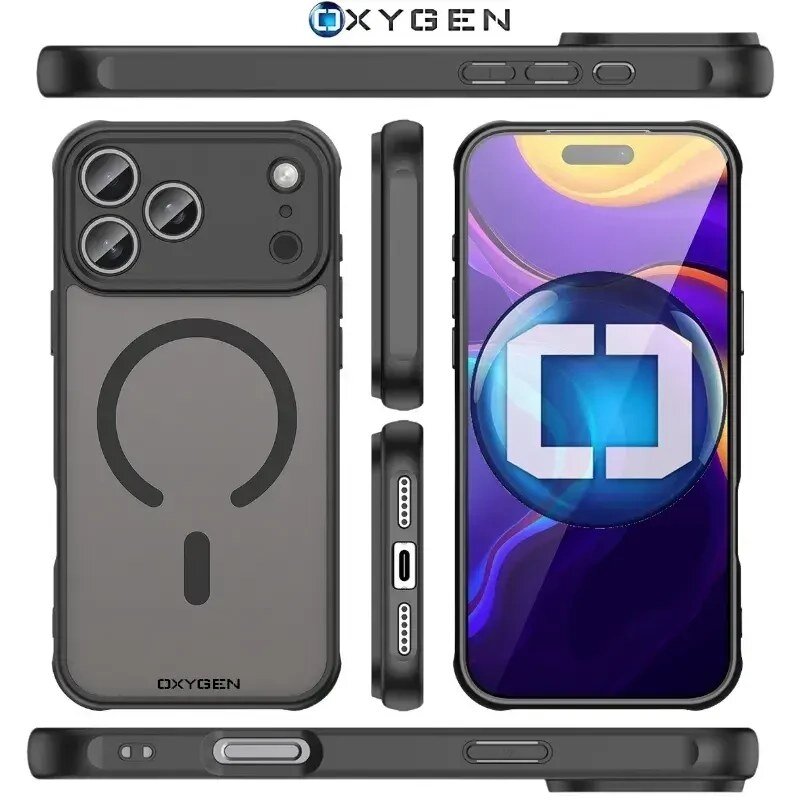 Obraz przedstawia etui na telefon z logo \'OXYGEN\', widoczne z różnych perspektyw. Etui ma ciemny kolor z okrągłym wzorem na tylnej części i jest przystosowane do MagSafe.