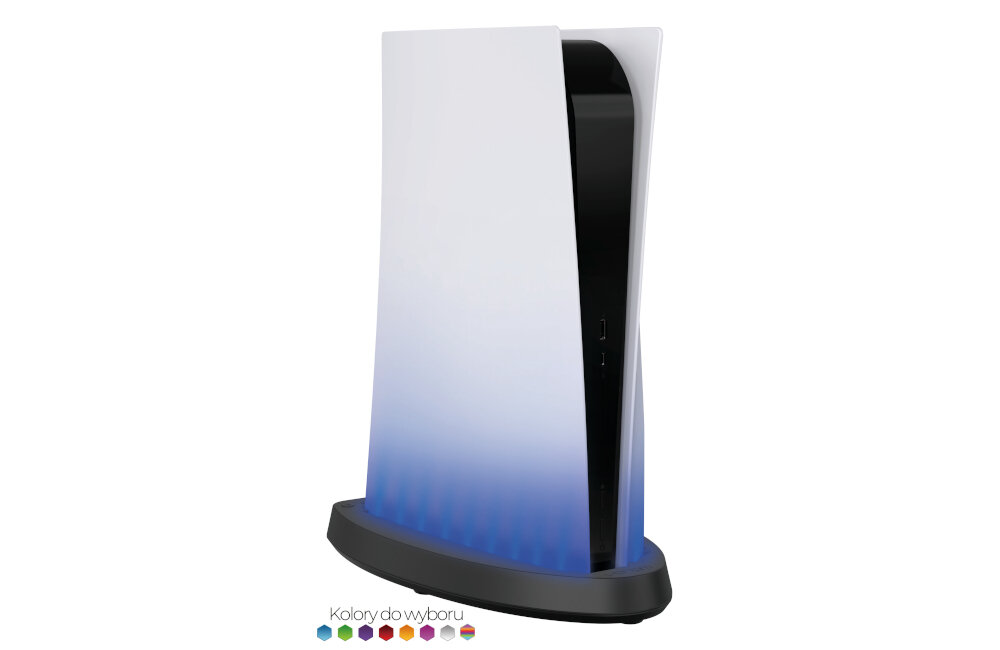 Podstawka LED pod konsolę PS5 z efektem świetlnym w kolorze niebieskim. Na dole widoczny napis \'Kolory do wyboru\' oraz kolorowe kropki.