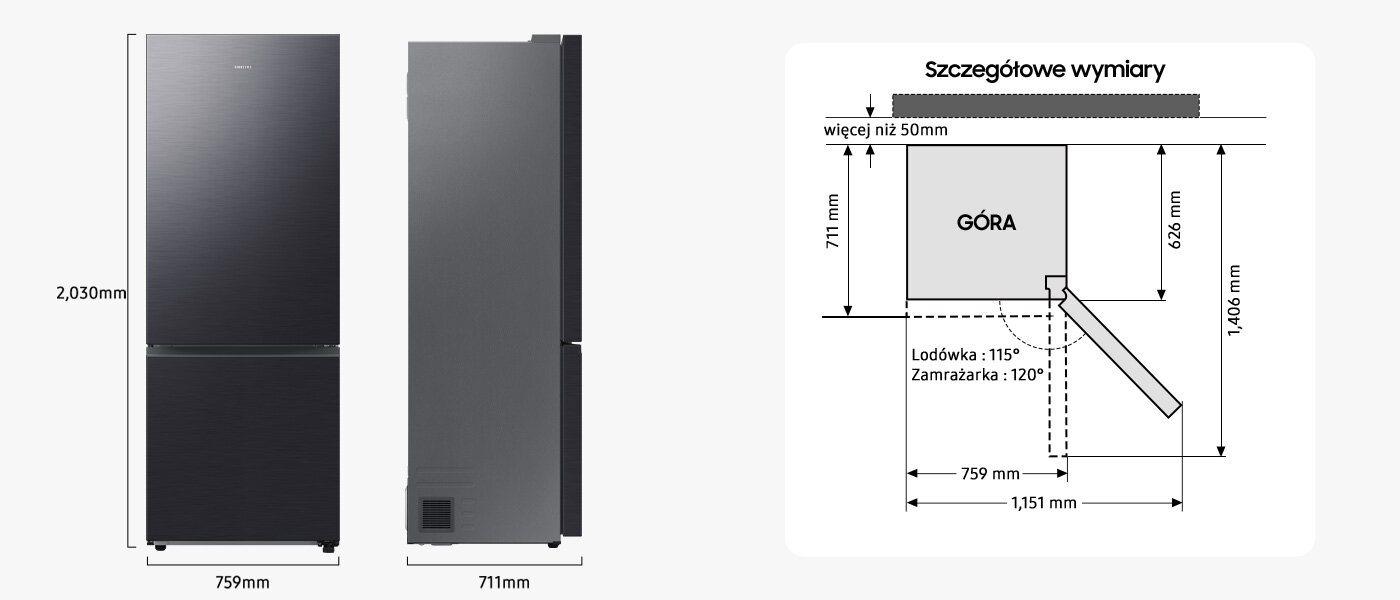 Lodówka RB53DG703DB1 Samsung - zdjęcia - wymiary Obraz przedstawia lodówkę w kolorze grafitowej stali z widocznymi wymiarami: wysokość 2030 mm, szerokość 759 mm, głębokość 711 mm. Obok znajduje się schemat z napisem \'Szczegółowe wymiary\' pokazujący wymiary i kąt otwarcia drzwi: lodówka 115°, zamrażarka 120°.