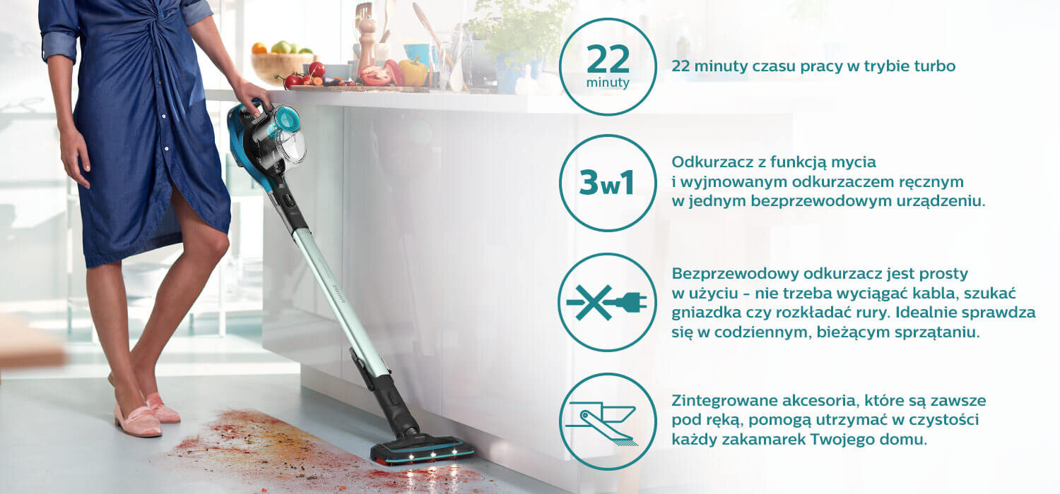 Osoba używa odkurzacza pionowego na podłodze z rozsypaną zawartością. Obok znajdują się informacje: \'22 minuty\', \'3w1\', oraz opisy funkcji odkurzacza.