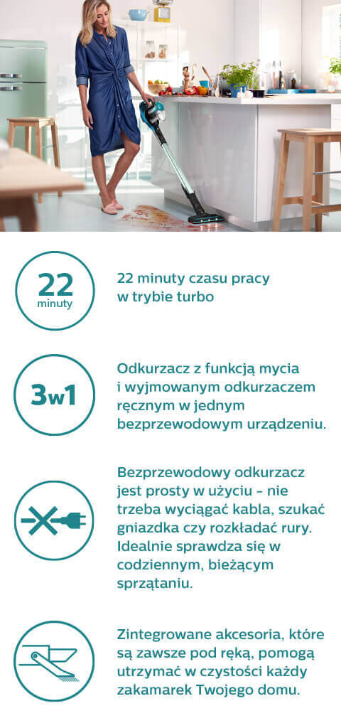 Kobieta używa odkurzacza w kuchni, a poniżej znajdują się informacje o produkcie: \'22 minuty czasu pracy w trybie turbo\', \'Odkurzacz z funkcją mycia i wyjmowanym odkurzaczem ręcznym w jednym bezprzewodowym urządzeniu.\', \'Bezprzewodowy odkurzacz jest prosty w użyciu – nie trzeba wyciągać kabla, szukać gniazdka czy rozkładać rury. Idealnie sprawdza się w codziennym, bieżącym sprzątaniu.\', \'Zintegrowane akcesoria, które są zawsze pod ręką, pomogą utrzymać w czystości każdy zakamarek Twojego domu.\'