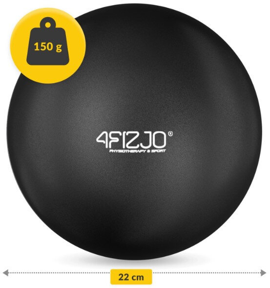 Czarna piłka z logo \'4FIZJO\' oraz napisem \'PHYSIOTHERAPY & SPORT\'. Na żółtym tle widnieje symbol wagi z napisem \'150 g\', a poniżej strzałka z napisem \'22 cm\'.