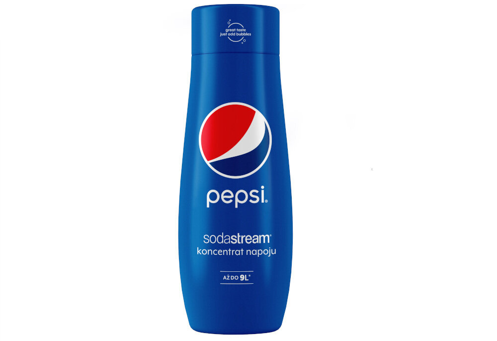 Niebieska butelka z logo Pepsi i napisem \'sodastream koncentrat napoju\'. Na dole widnieje napis \'aż do 9L\'.