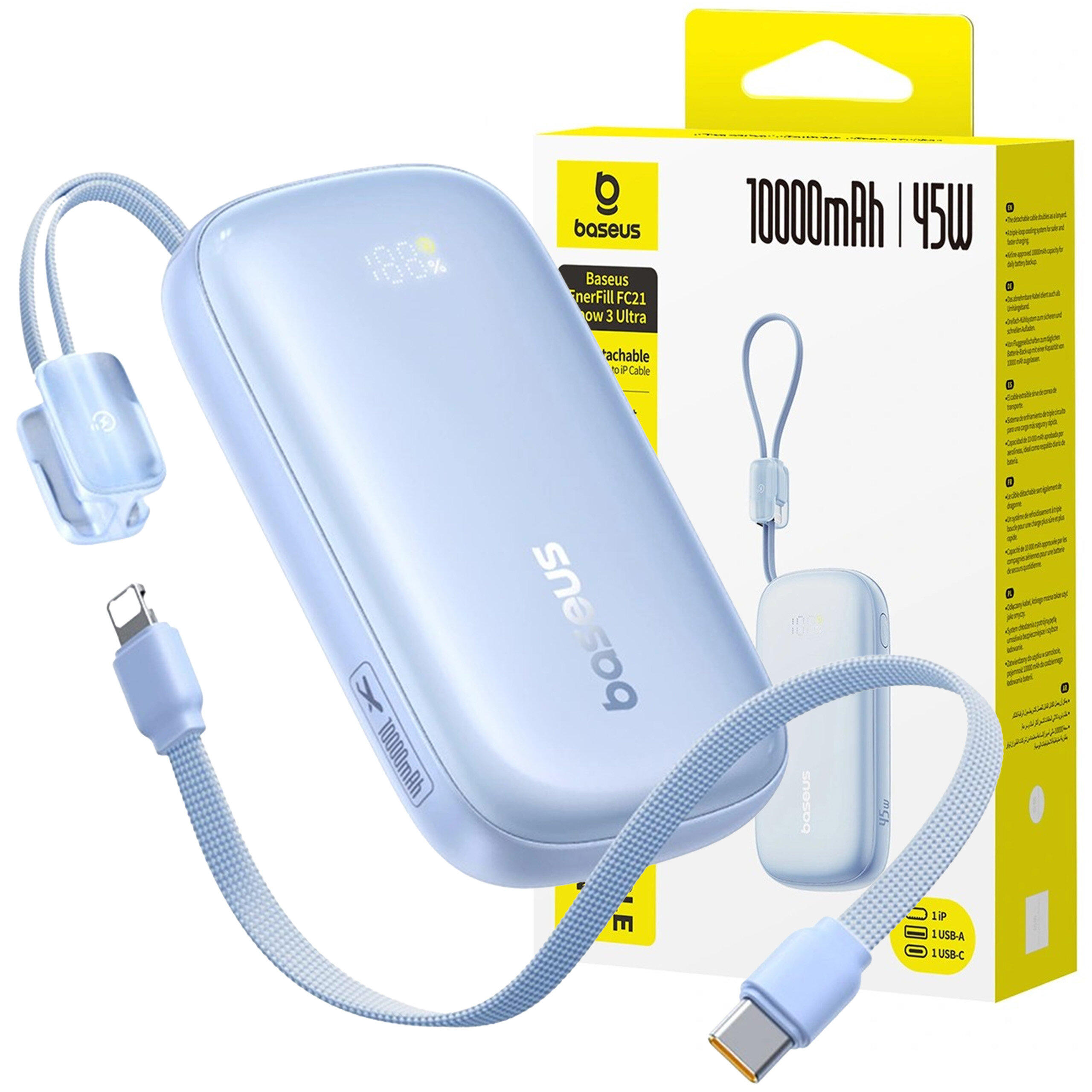 Na obrazie widoczny jest niebieski powerbank z odłączanym kablem USB-C i Lightning oraz opakowanie z logo \'baseus\' i napisami \'10000mAh | 45W\'.
