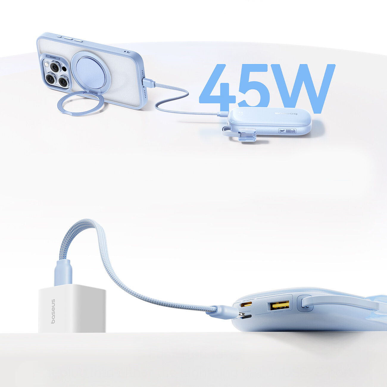 Na obrazie widoczny jest powerbank z dwoma portami USB oraz odłączanym kablem USB-C, podłączony do smartfona. Obok powerbanka znajduje się napis \'45W\', a na ładowarce widnieje logo \'baseus\'.