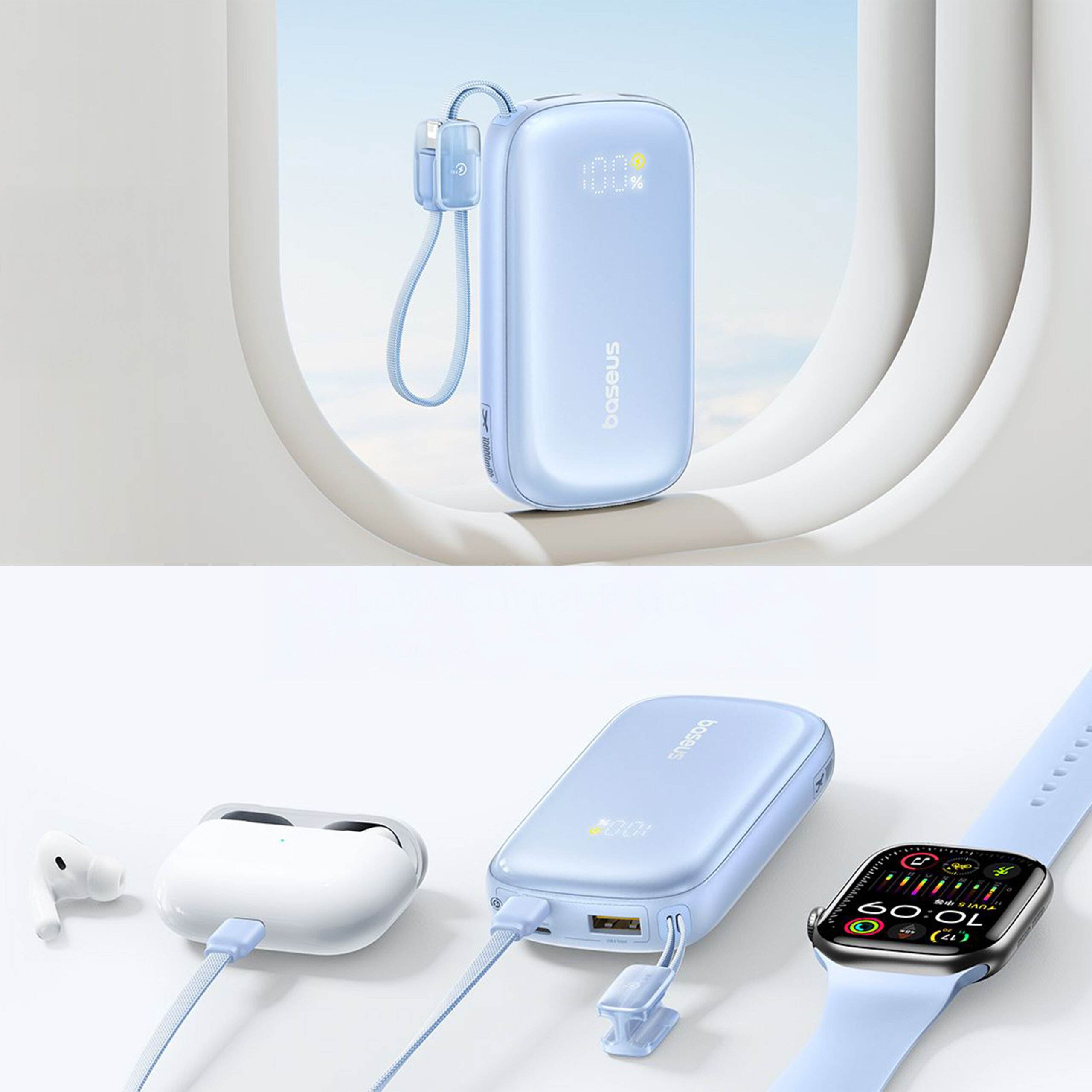 Na obrazie widoczny jest niebieski powerbank z logo \'baseus\', z wyświetlaczem pokazującym \'100%\'. Obok powerbanka znajdują się słuchawki bezprzewodowe i smartwatch, oba podłączone do urządzenia za pomocą kabla.